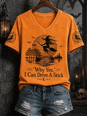 Frauen‑Lustiges Halloween‑Hexen‑Warum, ja, tatsächlich kann ich Schaltgetriebe fahren – bedrucktes Freizeit‑V‑Ausschnitt‑T‑Shirt