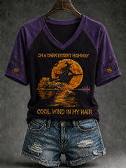 Damen-Halloween-Hexen-Kürbis-Fledermaus-T-Shirt mit V-Ausschnitt und kurzen Ärmeln