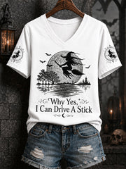 Frauen‑Lustiges Halloween‑Hexen‑Warum, ja, tatsächlich kann ich Schaltgetriebe fahren – bedrucktes Freizeit‑V‑Ausschnitt‑T‑Shirt
