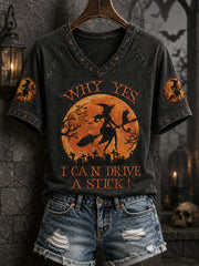 Lustiges Halloween für Frauen, warum ja, eigentlich kann ich ein Knüppel-Hexe-Print-lässiges V-Ausschnitt-T-Shirt fahren