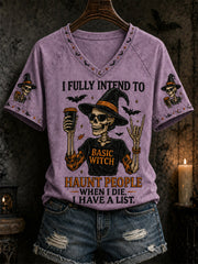 Damen Lustiges Halloween-Schädel-Hexe-Druck lässiges V-Ausschnitt-T-Shirt