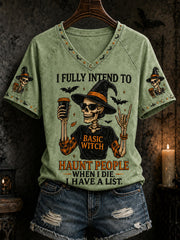 Damen Lustiges Halloween-Schädel-Hexe-Druck lässiges V-Ausschnitt-T-Shirt