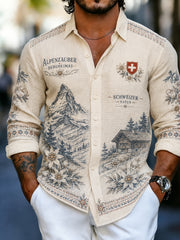Herren-Longsleeve-Hemd aus Waffelstrick mit Alpenberg-Print