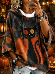 Damen-Halloween-Kapuzenpullover mit Katzenmuster