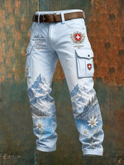 Herren-Long-Cargohose mit Alpen-Mountain-Print