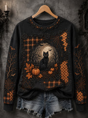 Damen-Halloween-Sweatshirt mit Katzenmuster