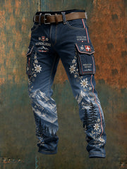 Herren-Long-Cargohose mit Alpen-Mountain-Print