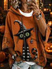 Damen-Halloween-Kapuzenpullover mit Katzenmuster