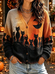 Damen-Halloween-Katzen-Print-Strickjacke