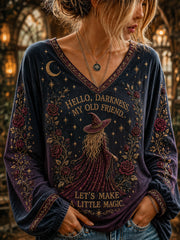 Damen-Halloween-T-Shirt mit V-Ausschnitt und Hexen-Print: „Hallo Dunkelheit, mein alter Freund“