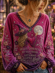 Damen-Halloween-T-Shirt mit V-Ausschnitt und Hexen-Print: „Hallo Dunkelheit, mein alter Freund“