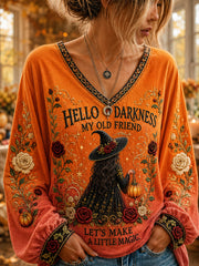 Damen-Halloween-T-Shirt mit V-Ausschnitt und Hexen-Print: „Hallo Dunkelheit, mein alter Freund“