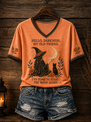 Damen-Halloween-T-Shirt mit dem Aufdruck „Hello Darkness My Old Friend“