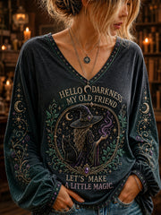 Damen Hallo Dunkelheit Mein alter Freund Halloween Hexe Print T-Shirt mit V-Ausschnitt