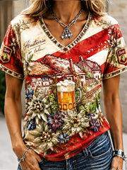 Frauen Österreich isches Oktoberfest Blumen Patchwork Print Freizeit T-Shirt mit V-Ausschnitt