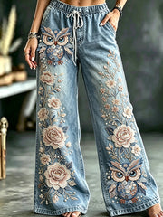 Damen-Hose mit ausgestelltem Schnitt und Eulen-Print