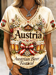 Frauen österreich isches Oktoberfest Blumen druck lässiges T-Shirt mit V-Ausschnitt