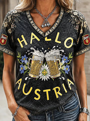 Frauen österreich isches Oktoberfest Strass verschönert lässig V-Ausschnitt T-Shirt