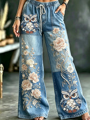 Damen-Hose mit ausgestelltem Schnitt und Eulen-Print