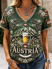 Damen Grün Österreich isches Oktoberfest Blumen druck Lässiges T-Shirt mit V-Ausschnitt