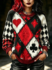 Damen-Vintage-Pullover im Narrenstil mit Poker-Diamantmuster-Print
