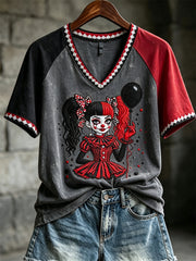 Damen-Vintage-Jester-Style-Diamantmuster-Print-Kontrastfarben-T-Shirt mit kurzen Ärmeln
