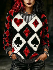Damen-Vintage-Pullover im Narrenstil mit Poker-Diamantmuster-Print