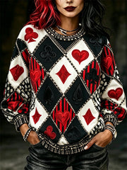 Damen-Vintage-Pullover im Narrenstil mit Poker-Diamantmuster-Print