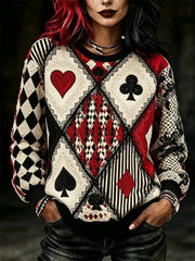 Damen-Vintage-Pullover im Narrenstil mit Poker-Diamantmuster-Print