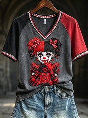 Damen-Vintage-Jester-Style-Diamantmuster-Print-Kontrastfarben-T-Shirt mit kurzen Ärmeln