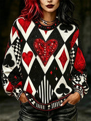 Damen-Vintage-Pullover im Narrenstil mit Poker-Diamantmuster-Print