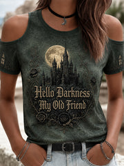 Damen-Halloween-T-Shirt mit dem Aufdruck „Hello Darkness My Old Friend“