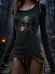 Damen-Halloween-T-Shirt mit Waldmuster und langen Ärmeln