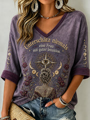 Damen-Halloween-T-Shirt mit mittellangen Ärmeln und V-Ausschnitt, bedruckt