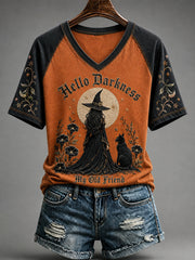 Damen-Halloween-T-Shirt mit dem Aufdruck „Hello Darkness My Old Friend“