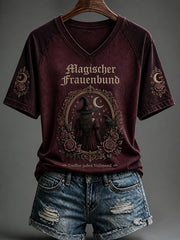 Damen-Halloween-T-Shirt mit Hexen-Print und V-Ausschnitt