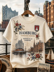 Kurzarm-Strick oberteil für Damen mit City-Souvenir-Grafik druck
