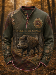 Französische Jagd saison für Männer bedrucktes lässiges T-Shirt mit Knopf
