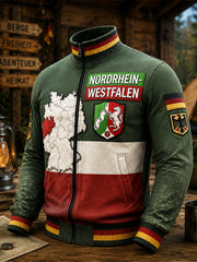 Herren-Jacke im Vintage-Stil mit deutschem Nordrhein-Emblem, Patchwork-Print und Reißverschluss für den Alltag