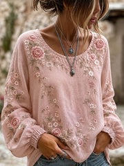 Damen-Bluse aus Baumwolle und Leinen mit Blumenmuster