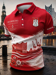 Herren-Poloshirt mit kurzen Ärmeln und urbanem, erinnerungsträchtigem Grafikdruck