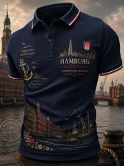 Herren-Poloshirt mit kurzen Ärmeln und urbanem, erinnerungsträchtigem Grafikdruck