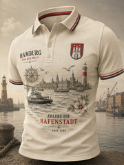 Herren-Poloshirt mit kurzen Ärmeln und urbanem, erinnerungsträchtigem Grafikdruck