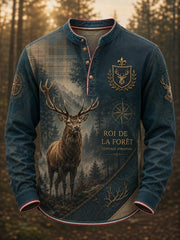 Herren-Freizeit-T-Shirt mit französischem Jagdmotiv und Knopfleiste