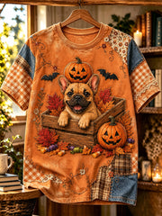 Damen Halloween Hund gedruckt Vintage Mode Lose Kurzarm T-Shirt