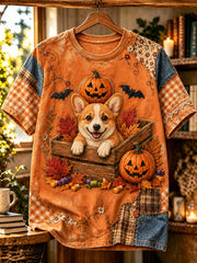Weibliches Halloween-Hundemotiv-Druck-Vintage-Mode-Lässiges Kurzarm-T-Shirt