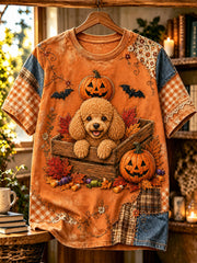 Weibliches Halloween-Hundemotiv-Druck-Vintage-Mode-Lässiges Kurzarm-T-Shirt
