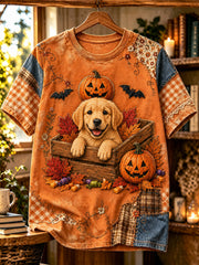 Weibliches Halloween-Hundemotiv-Druck-Vintage-Mode-Lässiges Kurzarm-T-Shirt