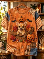 Weibliches Halloween-Hundemotiv-Druck-Vintage-Mode-Lässiges Kurzarm-T-Shirt