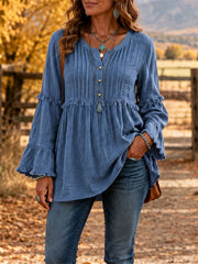 Damen-Vintage-Fringe-Trim-Leinen hemd mit Knöpfen